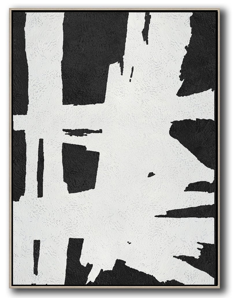 Hand-Painted Black And White Minimal Painting On Canvas - Modern Art Prints Chat Room Huge